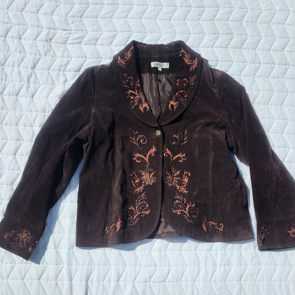 Coldwater Creek Leather Chocolate Embroidered Blazer Az XL - Picture 1 of 9